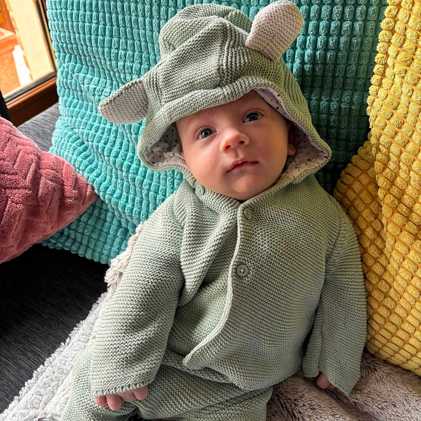 Maël a rejoint le concours — aidez-le/la à gagner de superbes lots ! baby, blanket, child, cozy, curious, cute, ears, face, green, hood, indoor, infant, knitted_clothing, person, pillows, pink, seated, soft, texture, yellow
