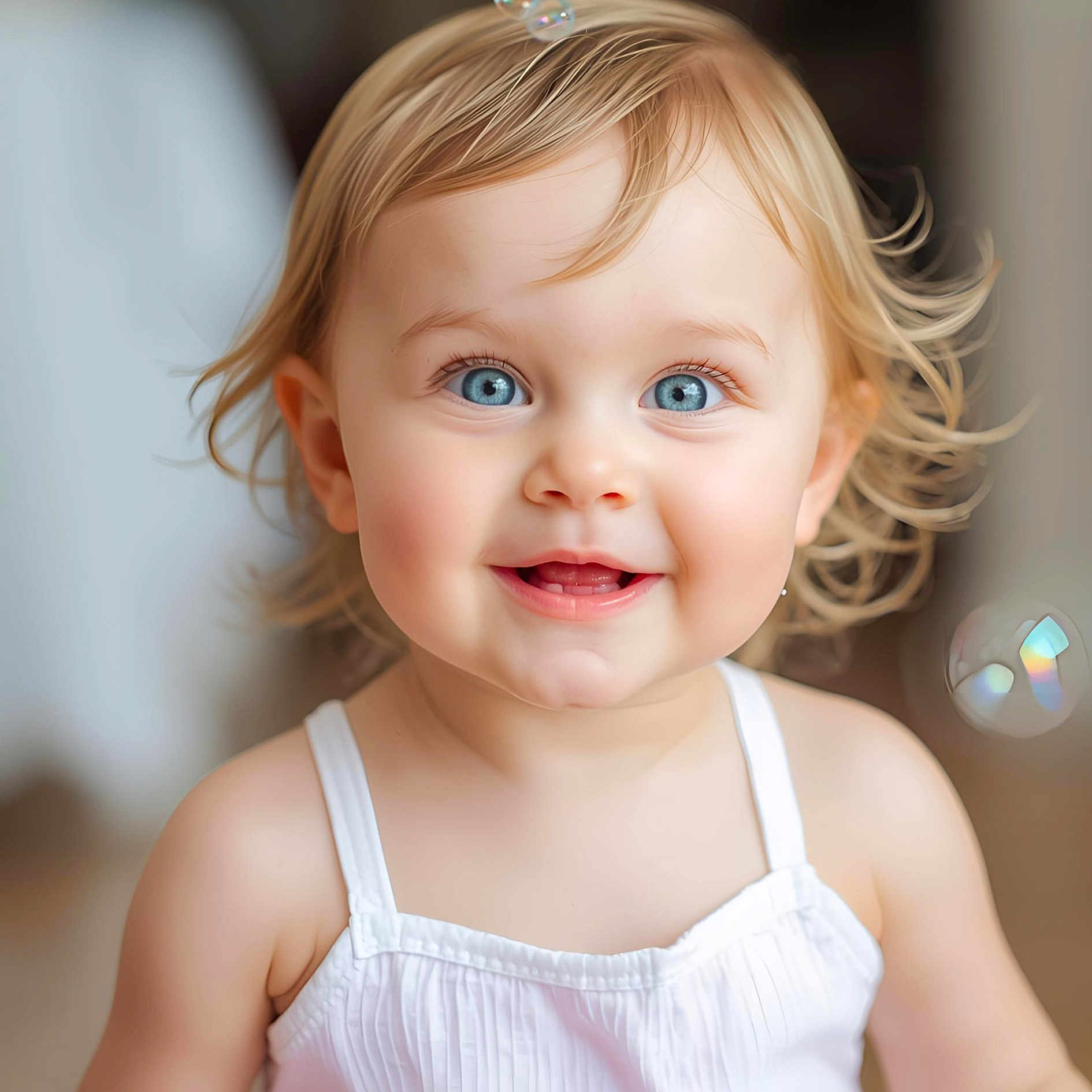 Louna participe au concours pour gagner de l'argent avec cette photo : baby, blonde_hair, blue_eyes, bubbles, child, closeup, cute, face, happy, indoor, innocence, joy, person, portrait, skin, smile, soft_lighting, toddler, white_top, young_child