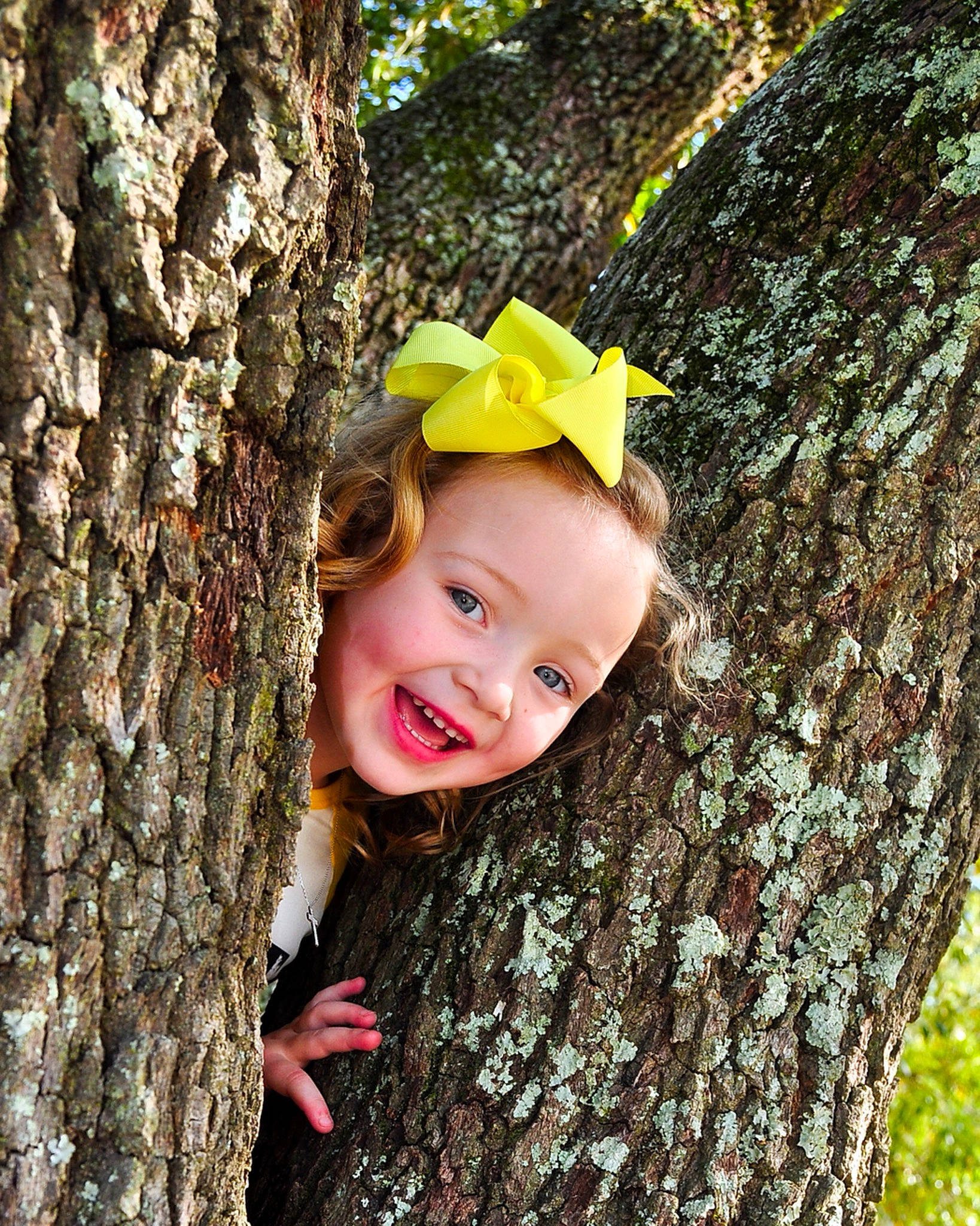 Rilynn is registered to the contest to win money with this photo: baby, botany, deciduous, forest, grass, happy, headgear, joy, natural_landscape, nature, organism, people_in_nature, person, plant, smile, terrestrial_plant, toddler, tree, trunk, twig