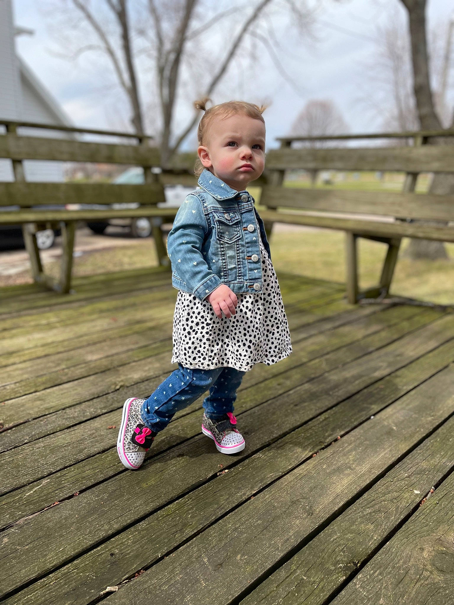Gemma joined the competition — help win amazing prizes! baby, baby_toddler_clothing, beauty, bench, child, grass, grey, happy, hardwood, leg, leisure, pattern, people, people_in_nature, person, sitting, sky, standing, toddler, tree
