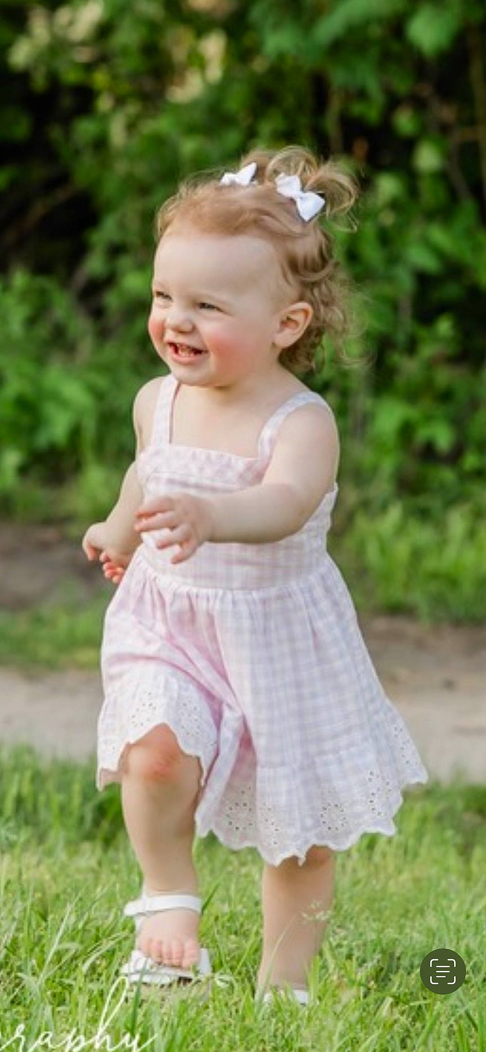 Gemma joined the competition — help win amazing prizes! baby, baby_toddler_clothing, blond, child, day_dress, dress, grass, hair, happy, head, joy, one_piece_garment, pattern, people_in_nature, person, pink, plant, skin, sleeve, smile