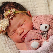 Ivy joined the competition — help win amazing prizes! newborn, baby, sleeping, infant, portrait, teddy_bear, stuffed_animal, blanket, headband, flowers, pink, cuddling, indoors, close_up, peaceful, soft, nursery, face, hands, cozy