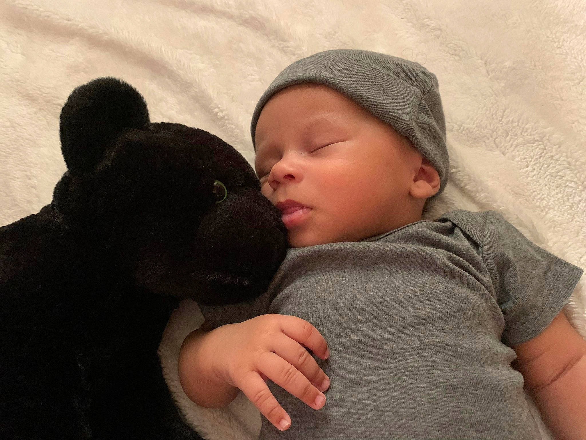 Anubis is registered to the contest to win money with this photo: baby, baby_sleeping, cap, child, comfort, ear, fur, gesture, headwear, hug, linens, love, nap, nose, person, sitting, skin, stuffed_toy, textile, toddler