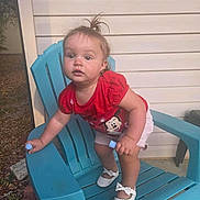 Amaria joined the competition — help win amazing prizes! toddler, child, outdoor, chair, blue_chair, red_shirt, minnie_mouse, shorts, white_shoes, pony_tail, curious, climbing, backyard, house_siding, concrete_floor, daylight, person, small_object, playful, summer