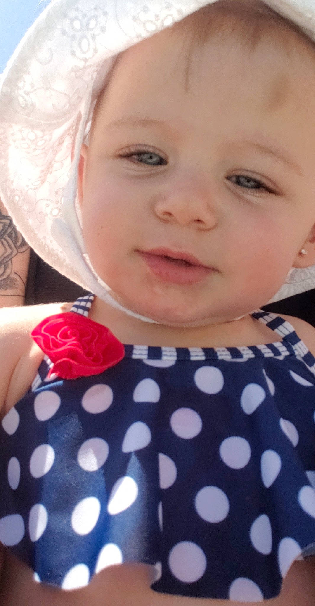 Eva joined the competition — help win amazing prizes! baby, baby_toddler_clothing, beauty, cheek, child, design, face, head, lip, neck, nose, pattern, person, pink, polka_dot, skin, smile, textile, toddler