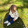 Jihane participe au concours pour gagner de l'argent avec cette photo : baby, grass, outdoor, child, sitting, shadows, nature, sunlight, leaves, clothing, white_socks, blue_pants, patterned_shirt, head, curly_hair, casual, daytime, young_child, bare_hands, fall