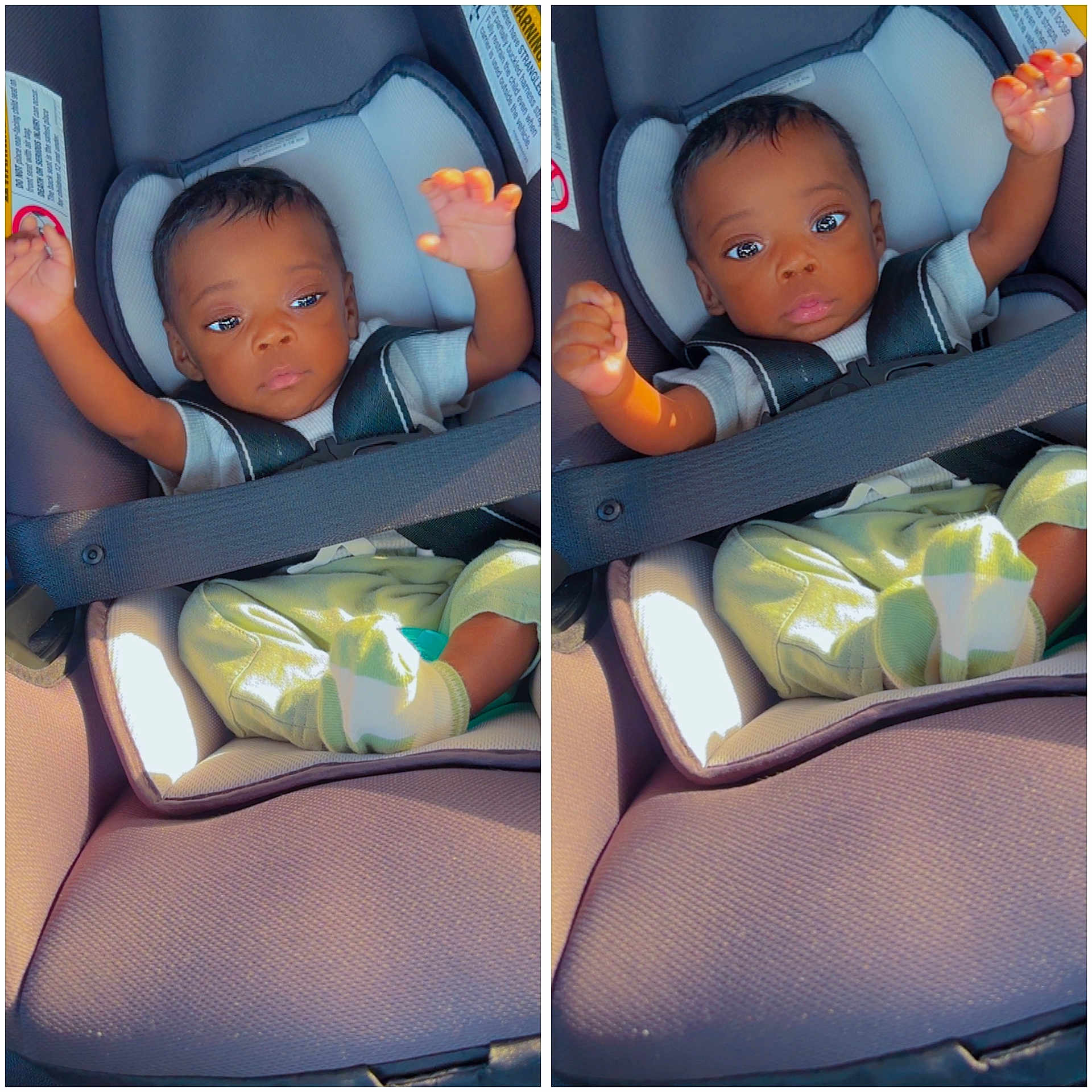 Kisen joined the competition — help win amazing prizes! arms_raised, baby, car_seat, child, close_up, clothing, cute, expression, green_pants, indoors, infant, person, portrait, seat, seatbelt, side_by_side, socks, sunlight, two_images, young_child