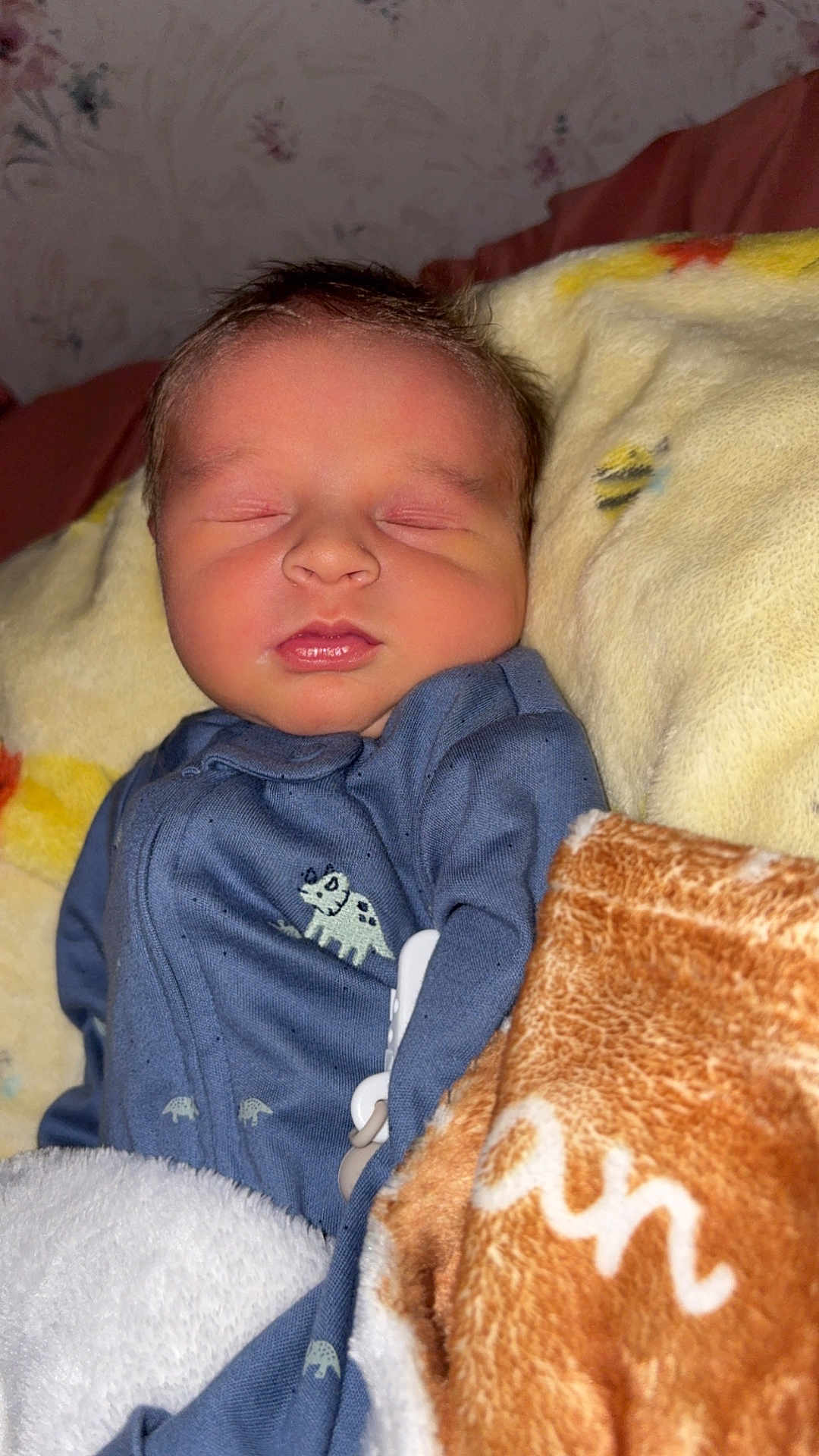 Nash is registered to the contest to win money with this photo: baby, newborn, sleeping, blanket, onesie, blue_clothing, dinosaur_print, cozy, infant, face, cute, peaceful, indoor, soft_texture, child, portrait, warm, resting, closeup, person
