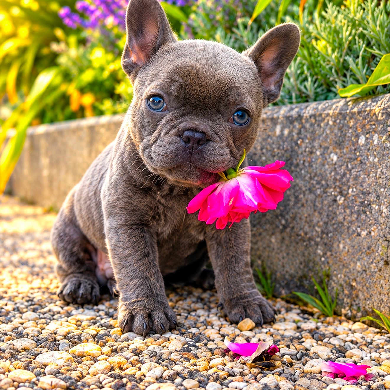 Blue Lesteven a rejoint le concours — aidez-le/la à gagner de superbes lots ! dog, puppy, french_bulldog, pet, animal, sitting, flower, pink_flower, garden, outdoor, portrait, close_up, blue_eyes, ears, short_hair, gray_fur, gravel, plants, colorful, cute