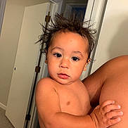 Tom joined the competition — help win amazing prizes! toddler, child, baby, hair, spiky_hair, diaper, indoor, person, skin, arm, hand, face, curious, expression, adult_arm, door, hallway, home, holding, candid