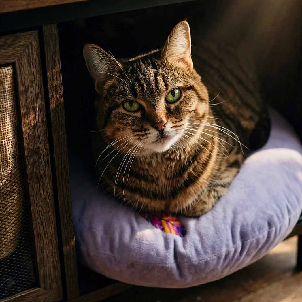 Naya a rejoint le concours — aidez-le/la à gagner de superbes lots ! animal, cabinet, cat, close_up, cozy, cushion, feline, green_eyes, home, indoor, lavender, pet, portrait, sitting, striped_fur, sunbeam, sunlight, tabby_cat, whiskers, wooden_furniture