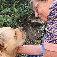 Eloa a rejoint le concours — aidez-le/la à gagner de superbes lots ! elderly_woman, dog, outdoor, garden, greenery, flowers, smiling, glasses, close_up, pet, affection, interaction, collar, pathway, nature, human, animal, friendship, casual_clothing, warmth