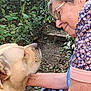 elderly_woman, dog, outdoor, garden, greenery, flowers, smiling, glasses, close_up, pet, affection, interaction, collar, pathway, nature, human, animal, friendship, casual_clothing, warmth