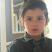 Trelly joined the competition — help win amazing prizes! child, boy, portrait, indoor, shirt, tie, face, hair, expression, mirror, window, lighting, casual, person, young, curly_hair, looking_at_camera, home, background, natural_light