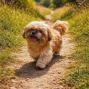 Gibson participe au concours pour gagner de l'argent avec cette photo : dog, small_dog, pet, fur, tongue_out, walking, trail, dirt_path, grass, outdoors, sunlight, happy, closeup, portrait, paws, tail, nature, countryside, shallow_depth_of_field, walking_towards_camera