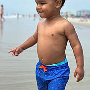 Rhett joined the competition — help win amazing prizes! toddler, child, beach, water, swim_shorts, sharks_pattern, ocean, sand, summer, outdoor, happy, curious, wet_skin, person, vacation, play, sunny, casual, water_droplets, fun