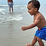 Rhett joined the competition — help win amazing prizes! child, toddler, beach, ocean, water, splashing, swim_shorts, sharks, barefoot, happy, playing, summer, vacation, person, adult, blurred_background, sand, waves, outdoor, sky