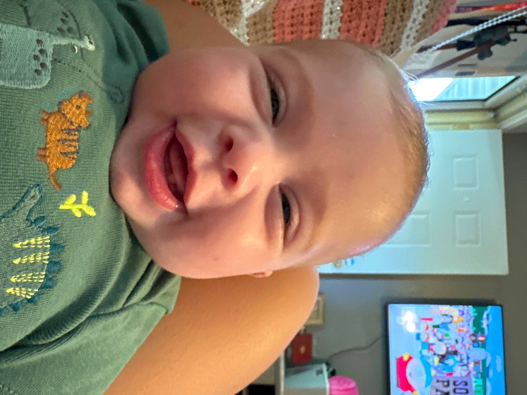 Tiger is registered to the contest to win money with this photo: baby, baby_laughing, baby_toddler_clothing, cheek, ear, eye, eyebrow, eyelash, forehead, happy, iris, jaw, lip, mouth, neck, nose, person, skin, smile, toddler