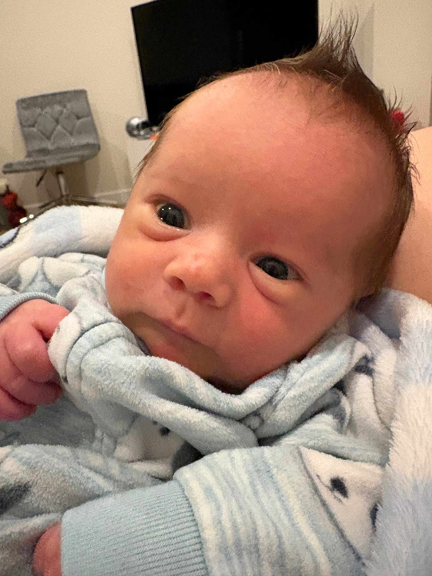 Colt is registered to the contest to win money with this photo: baby, newborn, infant, face, eyes, hand, blanket, blue_clothing, swaddle, cozy, portrait, close_up, hair, skin, indoor, television, chair, sofa, nursery, cute