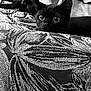 animal, black_and_white, black_cat, cat, closeup, couch, cozy, curious, ears, eyes, fabric, floral, furniture, indoor, monochrome, pattern, pet, resting, texture, whiskers