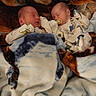 baby, newborn, sleeping, blanket, pajamas, dinosaur_print, infant, cute, cozy, rest, bedtime, child, soft, warm, peaceful, twin, indoors, portrait, face, hands