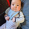 baby, infant, child, pajamas, bib, face, cheeks, hand, cushion, pacifier, pattern, stars, blue, clothing, indoor, portrait, closeup, expression, seated, comfort