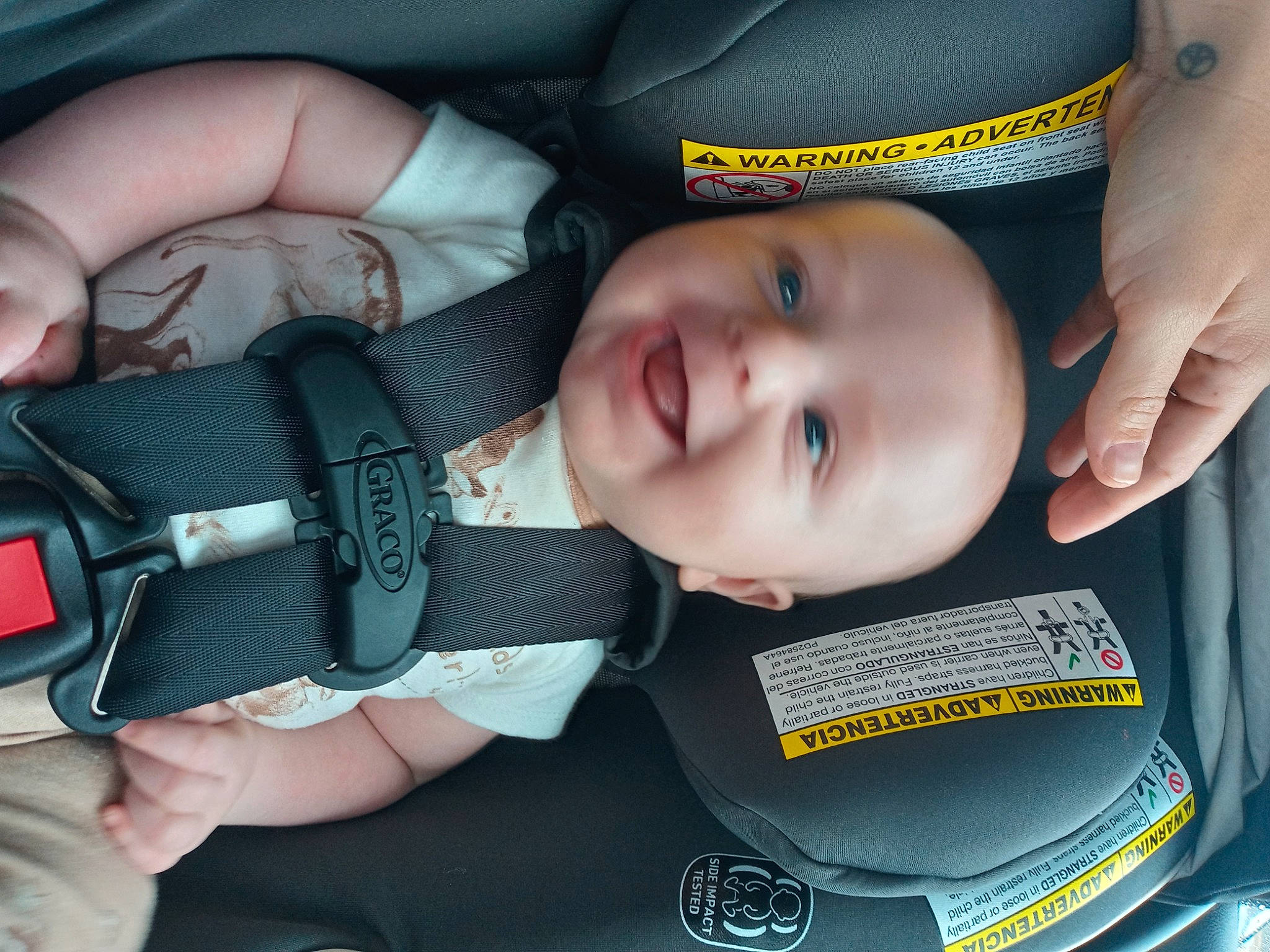 Kyle is registered to the contest to win money with this photo: baby, baby_carriage, baby_toddler_clothing, cheek, child, cool, eye, eyebrow, face, finger, gesture, hand, iris, joy, mouth, nail, organ, person, skin, smile