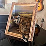 Mazie is registered to the contest to win money with this photo: cat, tortoiseshell_cat, picture_frame, painting, indoor, piano, guitar, lamp, furniture, reflection, art, animal, pet, decor, table, wood, musical_instrument, portrait, curious, cozy
