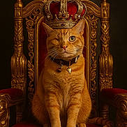 Jack is registered to the contest to win money with this photo: cat, orange_tabby, crown, throne, regal, royalty, feline, pet, animal, winking, red_velvet, golden, ornate, sitting, portrait, indoor, luxury, decoration, king, majestic