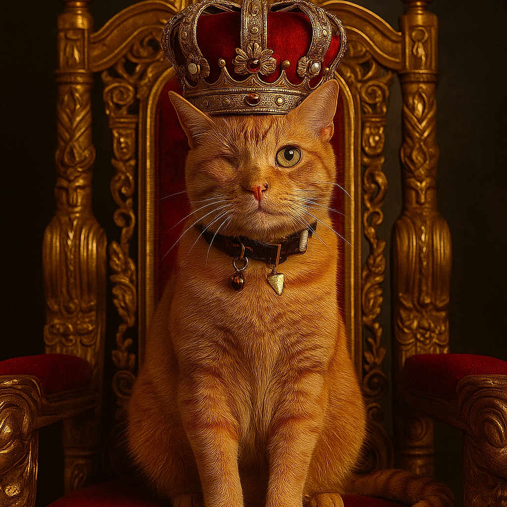 Jack is registered to the contest to win money with this photo: cat, orange_tabby, crown, throne, regal, royalty, feline, pet, animal, winking, red_velvet, golden, ornate, sitting, portrait, indoor, luxury, decoration, king, majestic