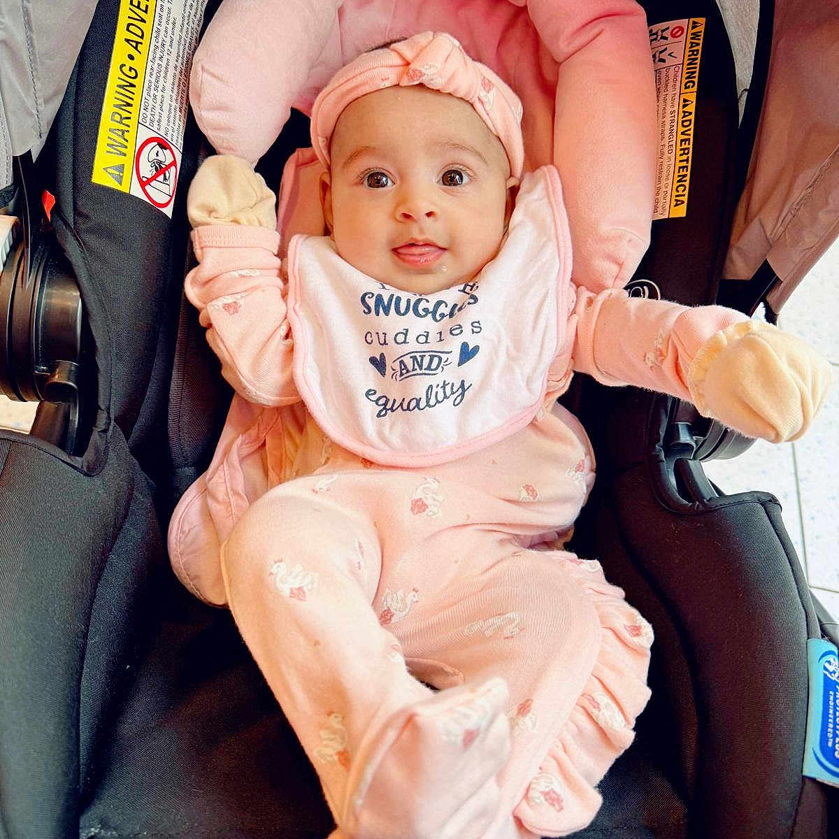 Abeeha is registered to the contest to win money with this photo: baby, bonnet, car, car_interior, carseat, clothing, crib, cushion, face, furniture, hat, head, homedecor, infantbed, pants, person, photography, portrait, transportation, vehicle