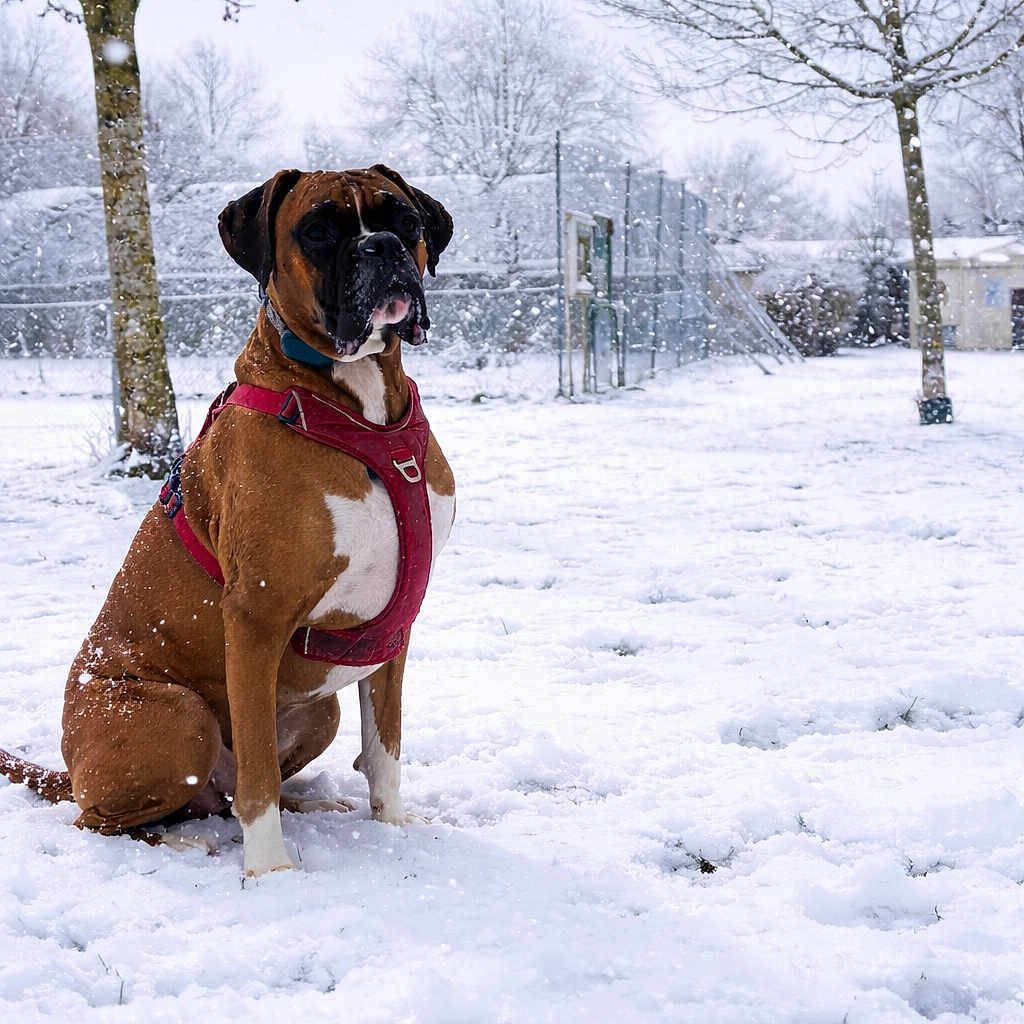 Ryder participe au concours pour gagner de l'argent avec cette photo : dog, boxer, snow, winter, outdoor, tree, park, harness, pet, animal, cold, playground, fence, snowfall, sitting, canine, nature, daytime, quiet, seasonal