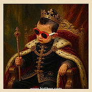 Anders Corria is registered to the contest to win money with this photo: child, portrait, royalty, crown, sunglasses, throne, scepter, king, costume, royal_robe, fur_cape, ornate, jewelry, seated, dramatic, painted_backdrop, indoor, fashion, regal, watermark