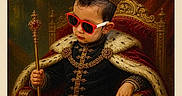 Anders Corria is registered to the contest to win money with this photo: child, portrait, royalty, crown, sunglasses, throne, scepter, king, costume, royal_robe, fur_cape, ornate, jewelry, seated, dramatic, painted_backdrop, indoor, fashion, regal, watermark