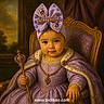 Amyrah Corria is registered to the contest to win money with this photo: baby, child, portrait, royal, throne, scepter, costume, purple, bow, crown, jewelry, ornate, chair, seated, face, serious_expression, indoor, palace, painting_style, watermark