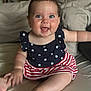 baby, child, smiling, happy, blue_eyes, dress, stars, stripes, sitting, bed, indoor, cute, infant, person, skin, chubby, hand, foot, portrait, clothing