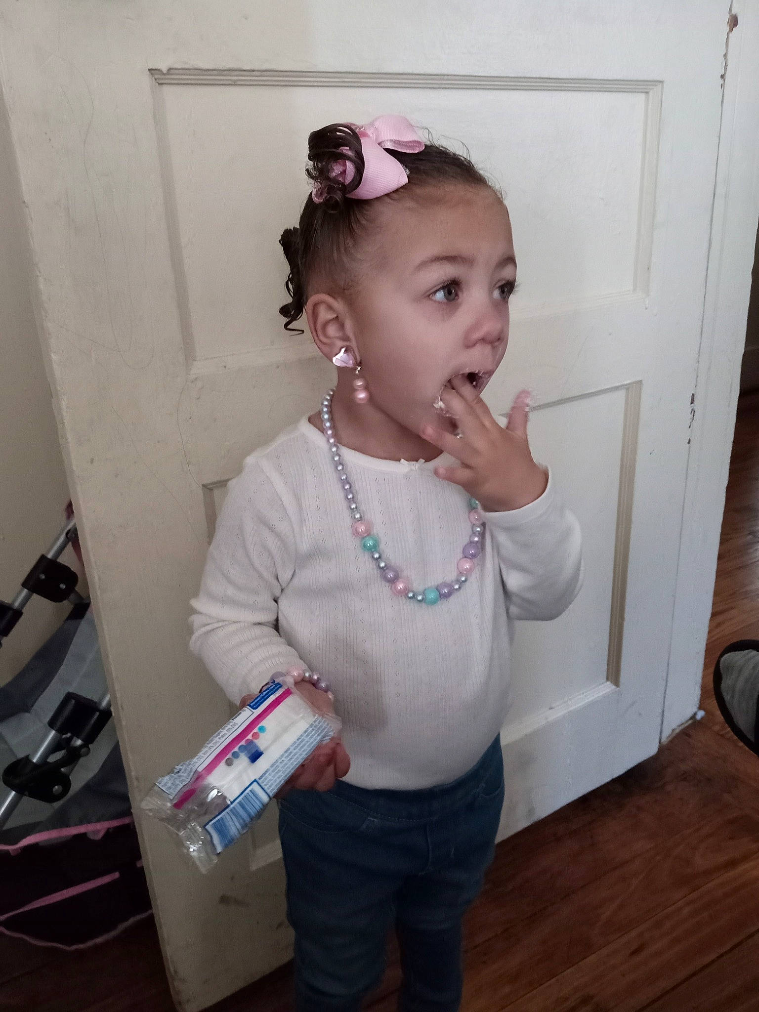 Corina joined the competition — help win amazing prizes! baby_toddler_clothing, child, electric_blue, eyewear, fashion_accessory, flooring, fun, happy, hardwood, headband, hearing, human_body, jewellery, neck, pattern, person, sleeve, surprise, t_shirt, toddler