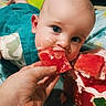 baby, child, infant, watermelon, fruit, eating, snack, hand, adult_hand, portrait, indoors, bed, blanket, blue_clothing, red_fruit, green_toy, curious, face, eyes, family