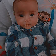 Hunter is registered to the contest to win money with this photo: baby, baby_seat, buttons, carpet, cheeks, child, clothing, cute, eyes, face, gaze, hair, hands, indoor, infant, pattern, plaid_shirt, portrait, sitting, toy_monkey