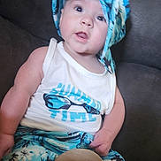 Hunter joined the competition — help win amazing prizes! apparel, baby, blue, child, couch, cute, expression, four_months, furniture, hat, indoors, infant, person, portrait, sign, sitting, summer, tropical_clothing, white, young