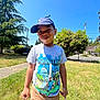 Kenji joined the competition — help win amazing prizes! child, boy, cap, tshirt, outdoor, grass, smile, sunny, nature, greenery, playful, person, portrait, casual, daylight, happy, young, standing, blue_sky, pants