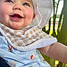 Shiloh joined the competition — help win amazing prizes! baby, child, smiling, hat, bib, outdoor, sunlight, trees, blue_clothing, closeup, portrait, happy, cute, infant, skin, face, person, nature, daylight, headwear