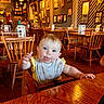 baby, child, high_chair, restaurant, wooden_chair, wooden_table, bib, playful, tongue_out, blue_eyes, indoor, people, furniture, decor, warm_lighting, portrait, smiling, casual_clothing, family, dining