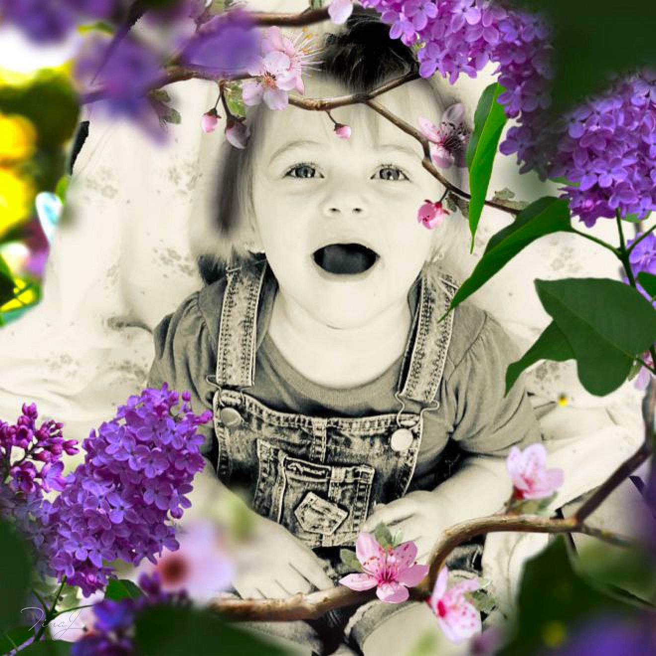 Mia Smith is registered to the contest to win money with this photo: blossom, branch, fictional_character, flower, happy, illustration, lavender, lilac, person, petal, photomontage, plant, purple, spring, tree, viola, violet, violet_family, wildflower