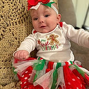 Harlow joined the competition — help win amazing prizes! baby, child, christmas, holiday_clothing, headband, bow, tutu_skirt, polka_dot, knitted_blanket, red, green, white, cute, smiling, sitting, indoors, portrait, festive, toddler, cozy