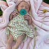 baby, newborn, infant, pacifier, pink_blanket, flower, dandelion, grass, headband, sleeping, outdoor, cute, peaceful, floral_dress, nature, child, soft_texture, resting, skin, small