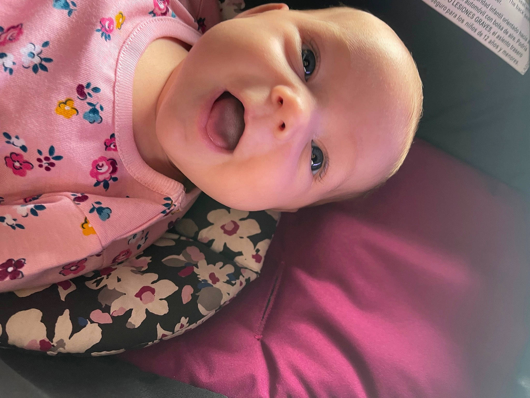 Layla joined the competition — help win amazing prizes! baby, baby_products, baby_toddler_clothing, cheek, child, eye, eyelash, happy, head, headgear, iris, lip, mouth, nose, pattern, person, pink, skin, sleeve, smile