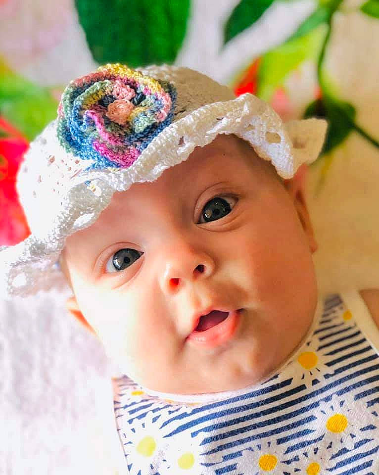Mykah joined the competition — help win amazing prizes! baby, cap, cheek, child, fashion_accessory, hair_accessory, hat, head, headband, headgear, headpiece, headwear, person, smile, surprise, toddler