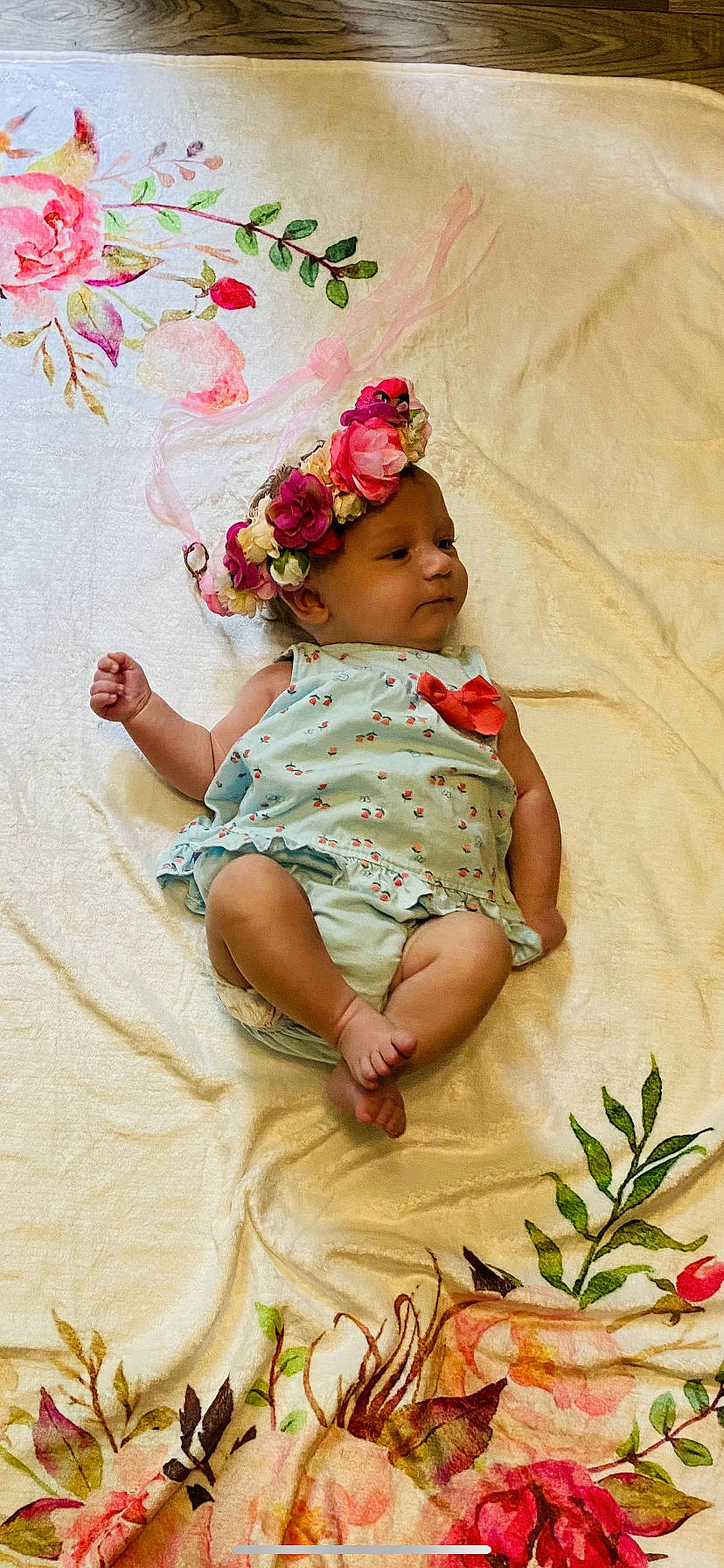 Araya joined the competition — help win amazing prizes! arm, baby, baby_toddler_clothing, child, dress, finger, flower, fun, grass, hand, happy, headwear, human_body, linens, peach, people_in_nature, person, petal, pink, plant