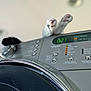 cat, cat_paws, washing_machine, household_appliance, control_panel, buttons, cycle_status, digital_display, indoor, closeup, gray, black, white, pink_pads, pet, curious, playful, home, cleaning, laundry_room